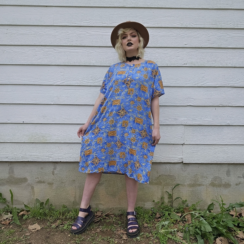 Vintage Indian Baby Blue & Orange Spring Summer Casual Hippie Boho Sun Dress - Picture 9 of 12